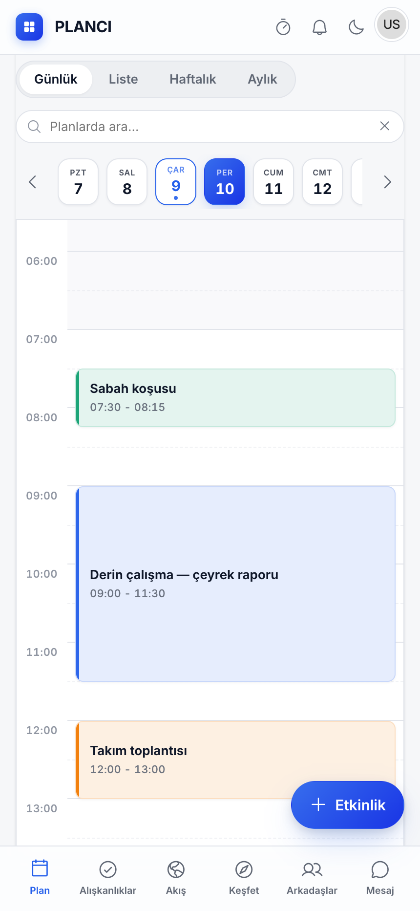 PLANCI günlük çizelge ekranı